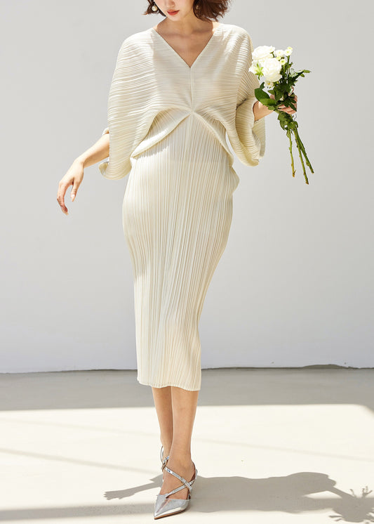 Loose White V Neck Side Open Cotton Long Dress Batwing Sleeve