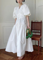 Loose White V Neck Wrinkled Hollow Out Cotton Dress Summer