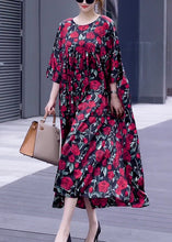 Load image into Gallery viewer, Loose Wine Red Print O Neck Silk Long Dresses Half Sleeve