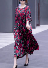 Load image into Gallery viewer, Loose Wine Red Print O Neck Silk Long Dresses Half Sleeve