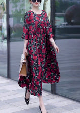 Load image into Gallery viewer, Loose Wine Red Print O Neck Silk Long Dresses Half Sleeve