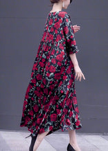 Load image into Gallery viewer, Loose Wine Red Print O Neck Silk Long Dresses Half Sleeve