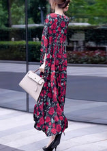 Load image into Gallery viewer, Loose Wine Red Print O Neck Silk Long Dresses Half Sleeve