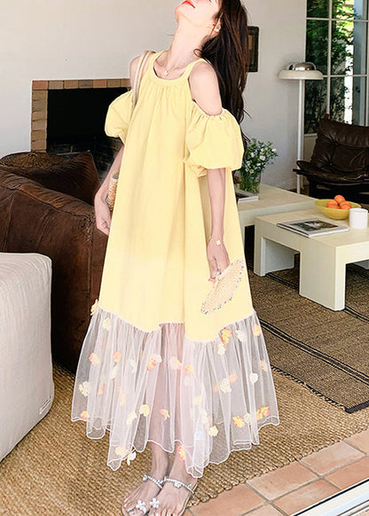 Loose Yellow Cold Shoulder Tulle Patchwork Long Dress Summer