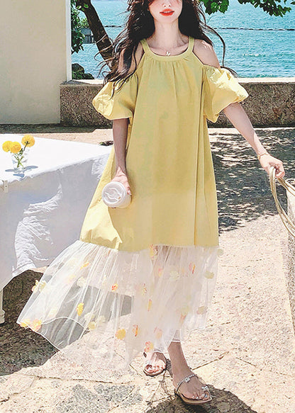 Loose Yellow Cold Shoulder Tulle Patchwork Long Dress Summer