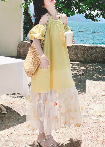Loose Yellow Cold Shoulder Tulle Patchwork Long Dress Summer