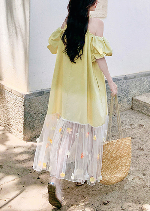 Loose Yellow Cold Shoulder Tulle Patchwork Long Dress Summer