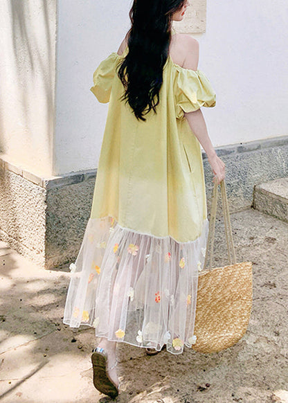 Loose Yellow Cold Shoulder Tulle Patchwork Long Dress Summer