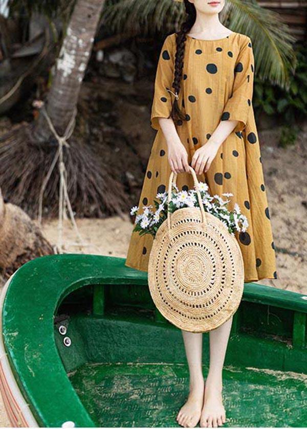 Loose Yellow Dot Half Sleeve Party Summer Chiffon Dress - SooLinen