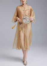 Load image into Gallery viewer, Loose Yellow Embroidered Button Silk Dress Flare Sleeve