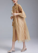 Load image into Gallery viewer, Loose Yellow Embroidered Button Silk Dress Flare Sleeve