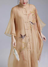 Load image into Gallery viewer, Loose Yellow Embroidered Button Silk Dress Flare Sleeve