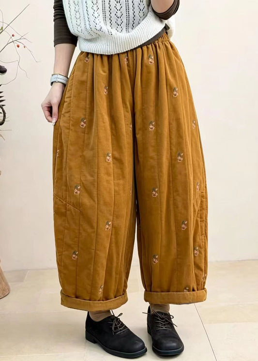 Loose Yellow Embroidered Cuffed Corduroy Cotton Filled Crop Pants Fall