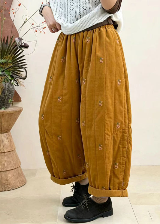 Loose Yellow Embroidered Cuffed Corduroy Cotton Filled Crop Pants Fall