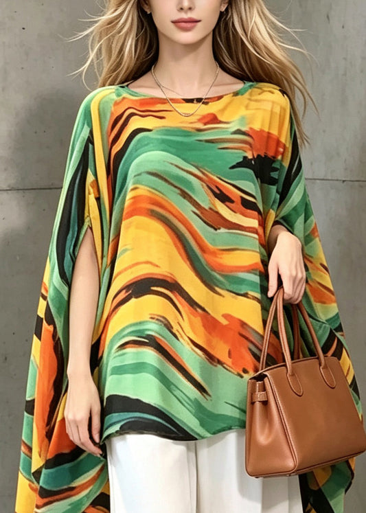 Loose Yellow Green Print Asymmetrical Chiffon Shirt Tops Batwing Sleeve