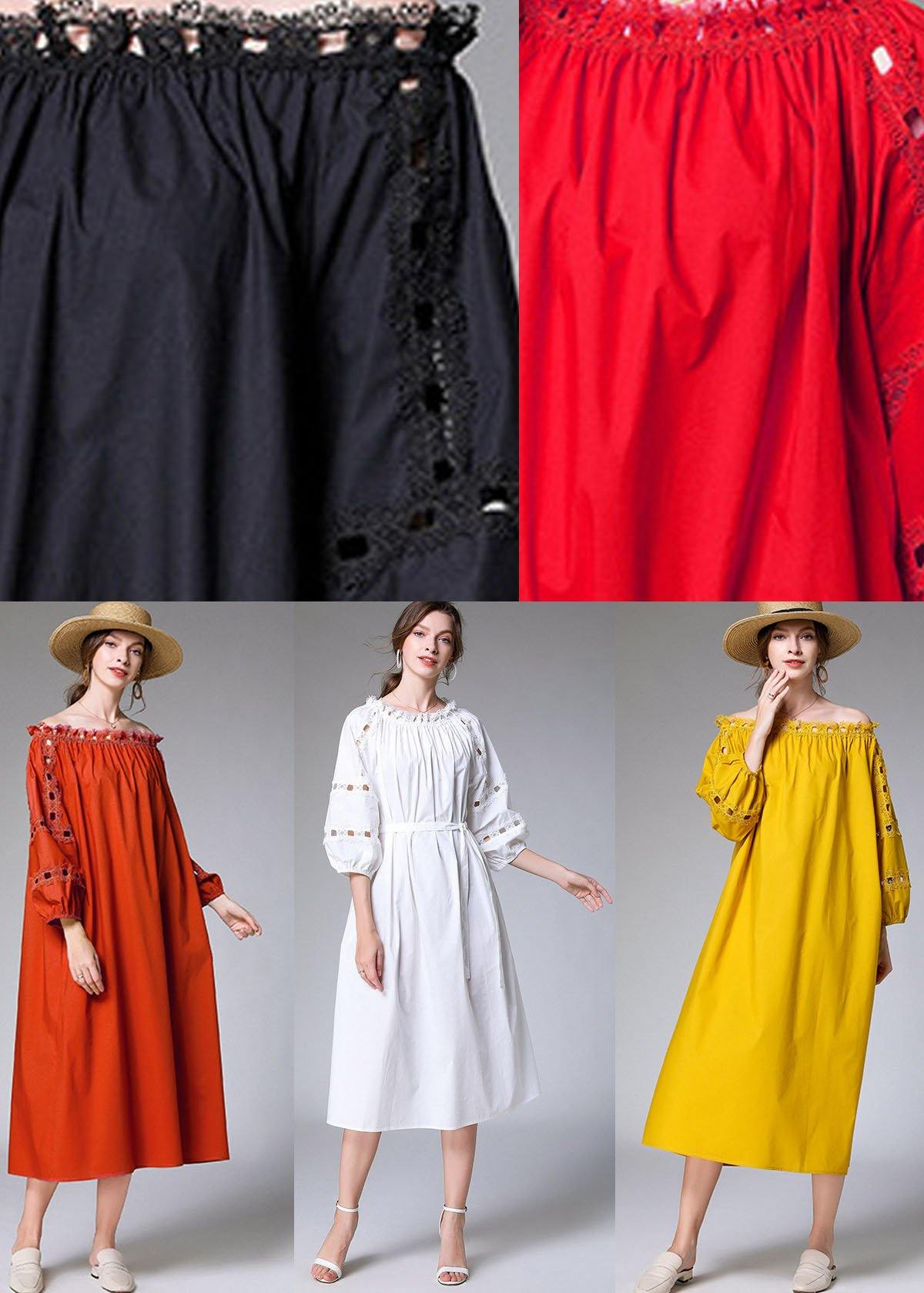 Loose Yellow Hollow Out Embroideried Fall Cotton Half Sleeve Dress - SooLinen
