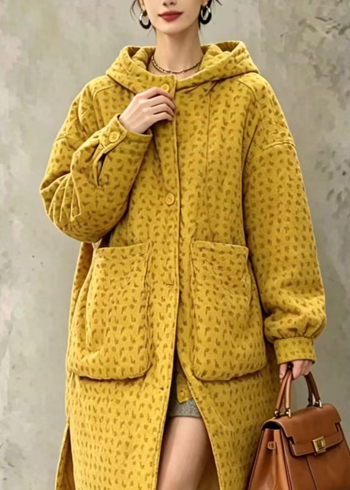 Loose Yellow Hooded Big Pockets Print Corduroy Cotton Filled Winter Coat