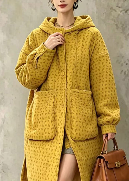 Loose Yellow Hooded Big Pockets Print Corduroy Cotton Filled Winter Coat