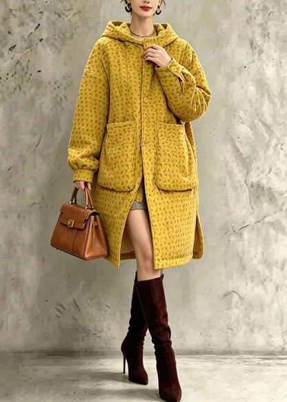 Loose Yellow Hooded Big Pockets Print Corduroy Cotton Filled Winter Coat