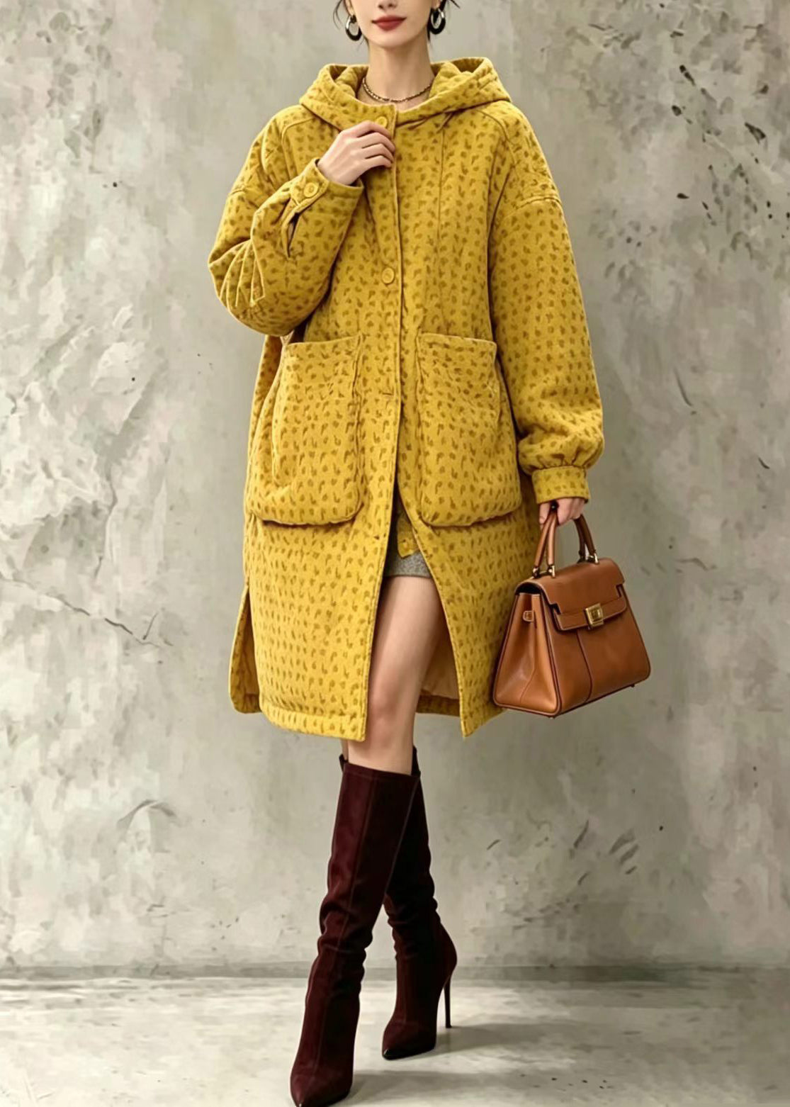 Loose Yellow Hooded Big Pockets Print Corduroy Cotton Filled Winter Coat