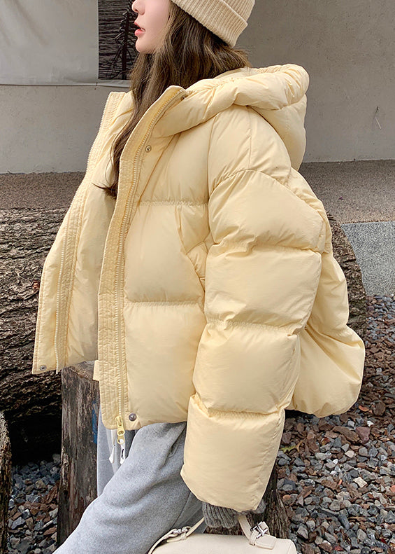 Loose Yellow Hooded Zippered Pockets Duck Down Down Coat Winter