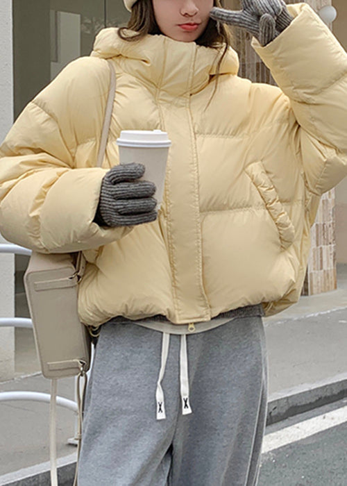 Loose Yellow Hooded Zippered Pockets Duck Down Down Coat Winter