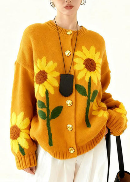 Loose Yellow O Neck Button Knit Cardigan Winter
