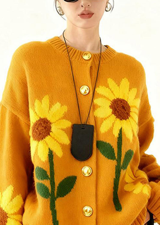 Loose Yellow O Neck Button Knit Cardigan Winter