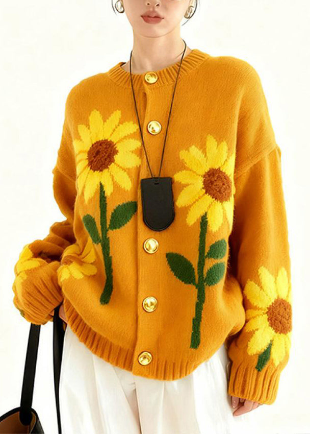 Loose Yellow O Neck Button Knit Cardigan Winter