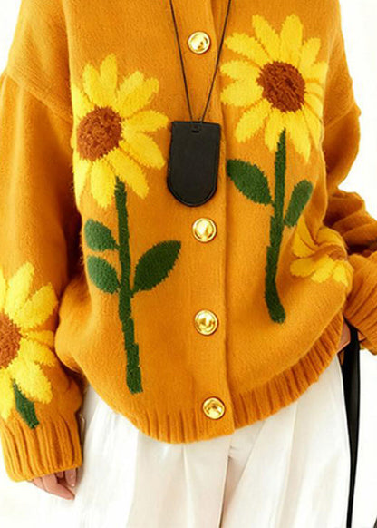 Loose Yellow O Neck Button Knit Cardigan Winter