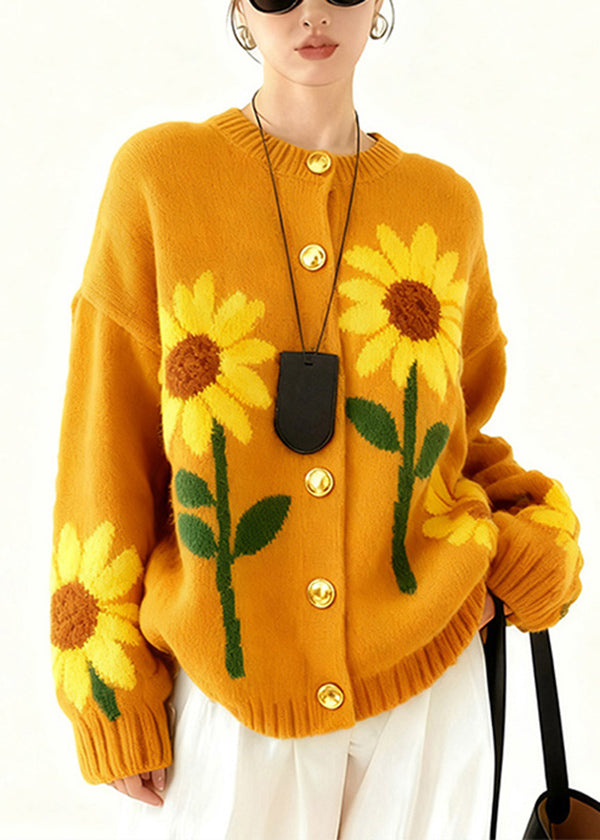 Loose Yellow O Neck Button Knit Cardigan Winter
