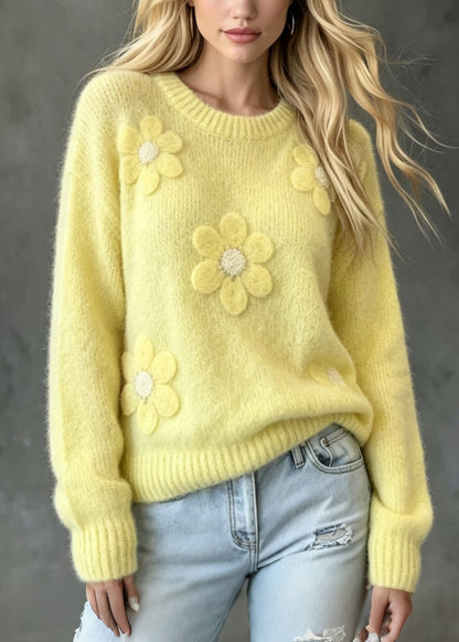 Loose Yellow O Neck Floral Thick Cozy Knit Sweaters Fall