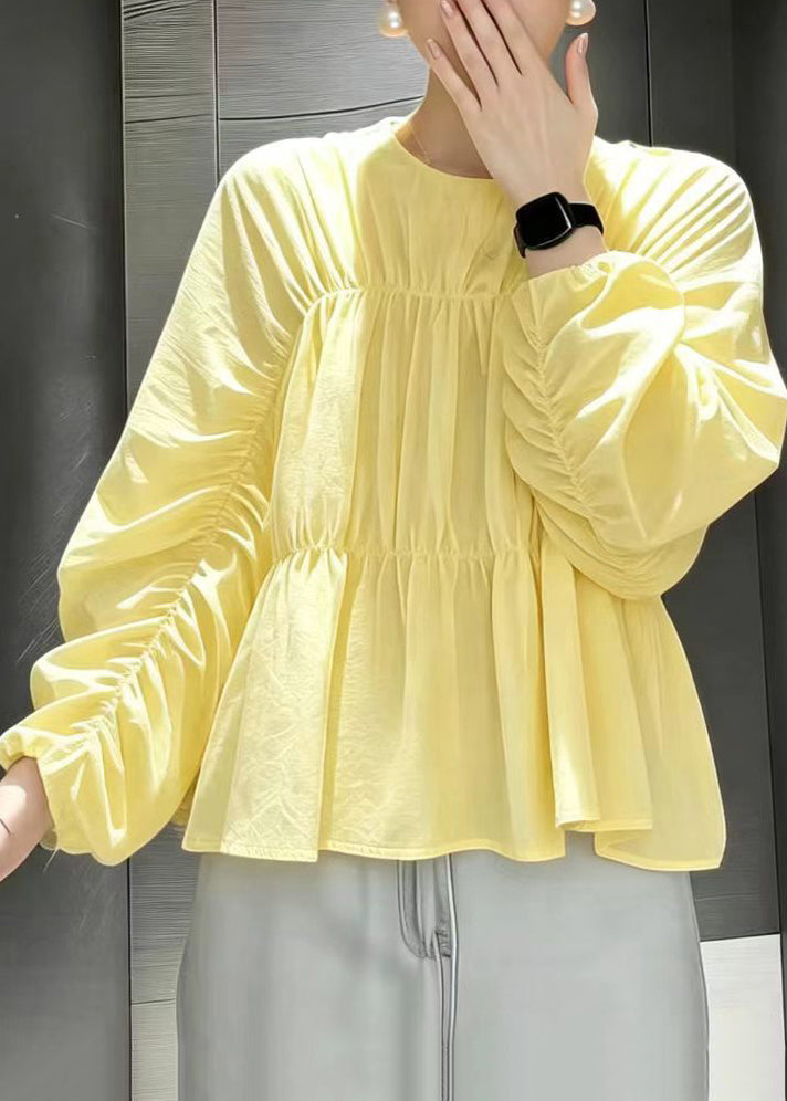 Loose Yellow O-Neck Ruched Blouses Long Sleeve