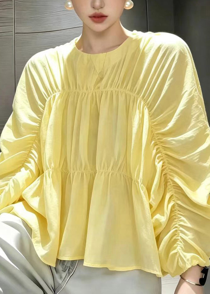 Loose Yellow O-Neck Ruched Blouses Long Sleeve