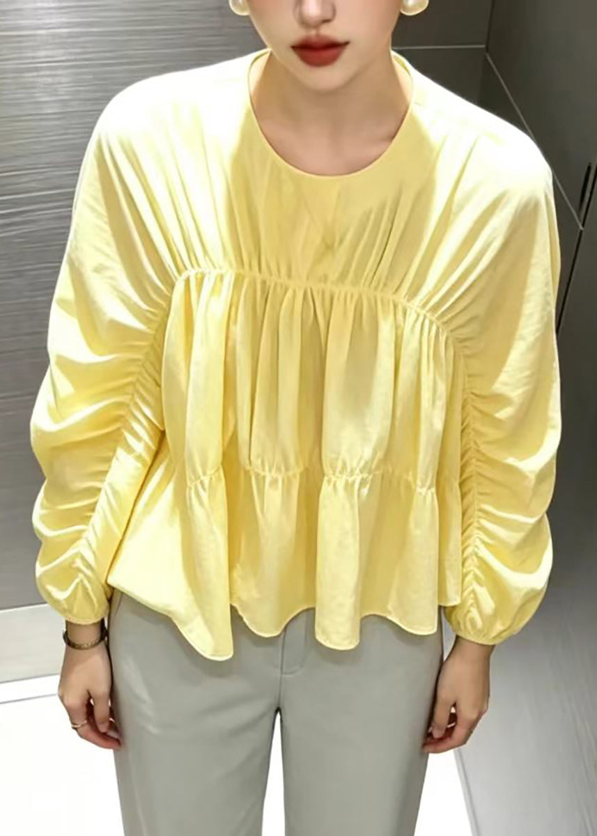Loose Yellow O-Neck Ruched Blouses Long Sleeve