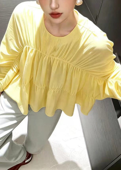 Loose Yellow O-Neck Ruched Blouses Long Sleeve