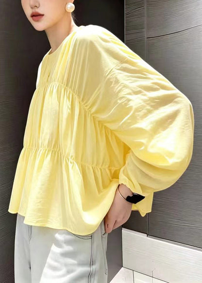 Loose Yellow O-Neck Ruched Blouses Long Sleeve