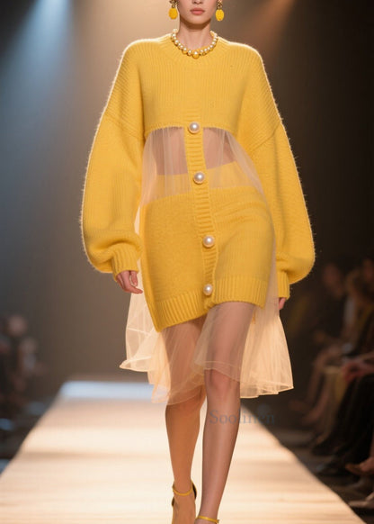 Loose Yellow O Neck Tulle Patchwork Knit Long Sweater Fall