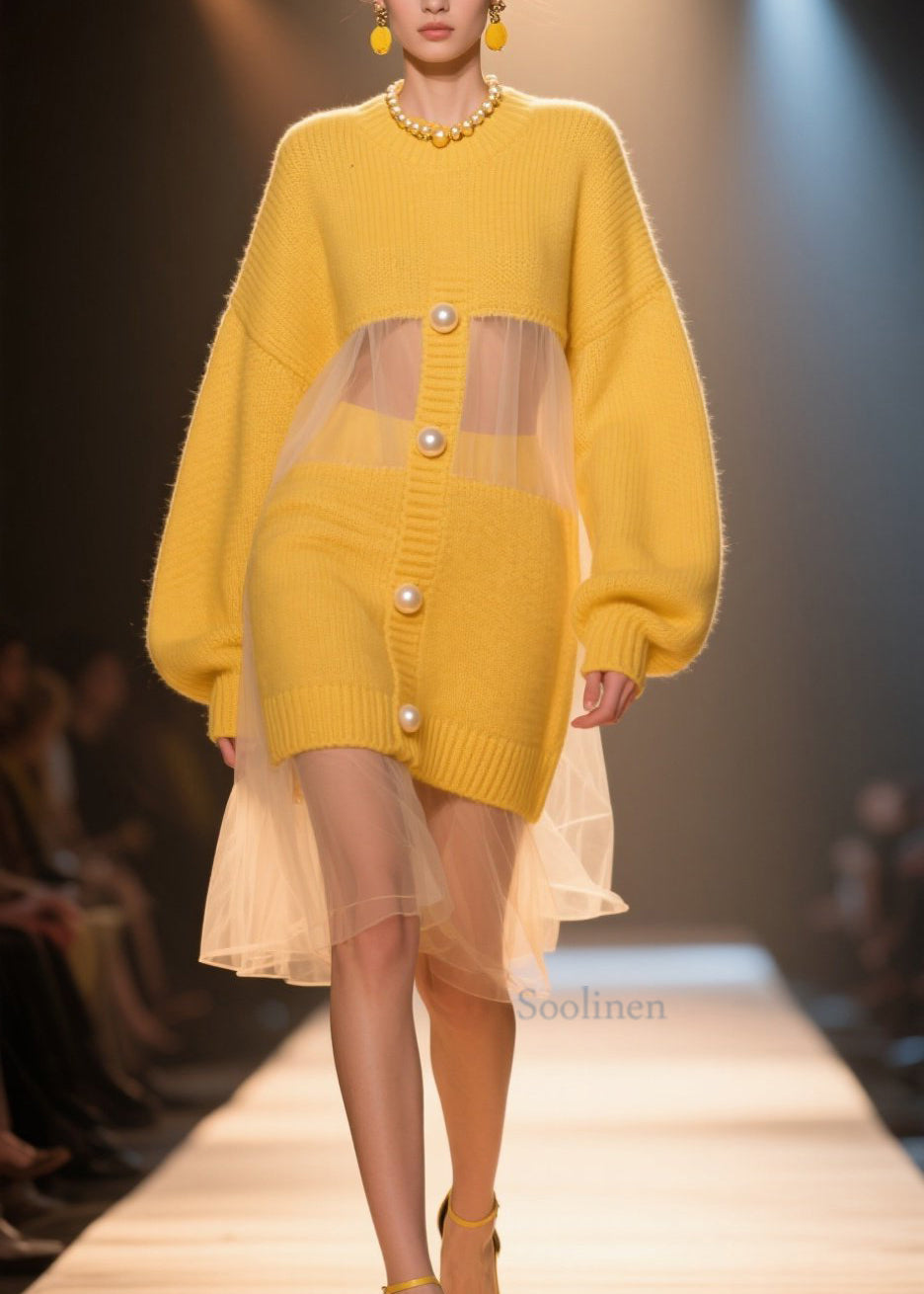Loose Yellow O Neck Tulle Patchwork Knit Long Sweater Fall