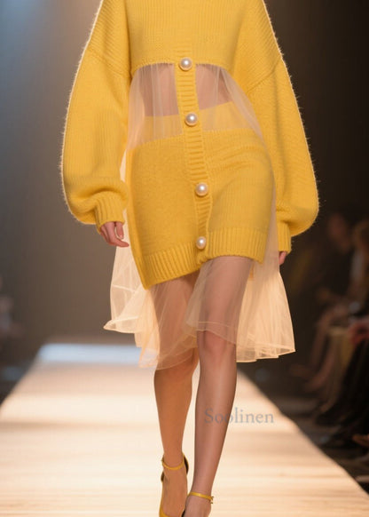 Loose Yellow O Neck Tulle Patchwork Knit Long Sweater Fall