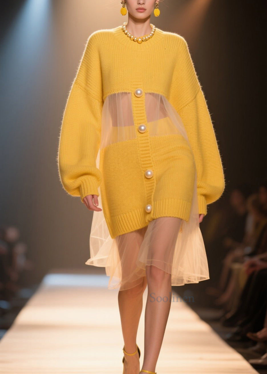 Loose Yellow O Neck Tulle Patchwork Knit Long Sweater Fall