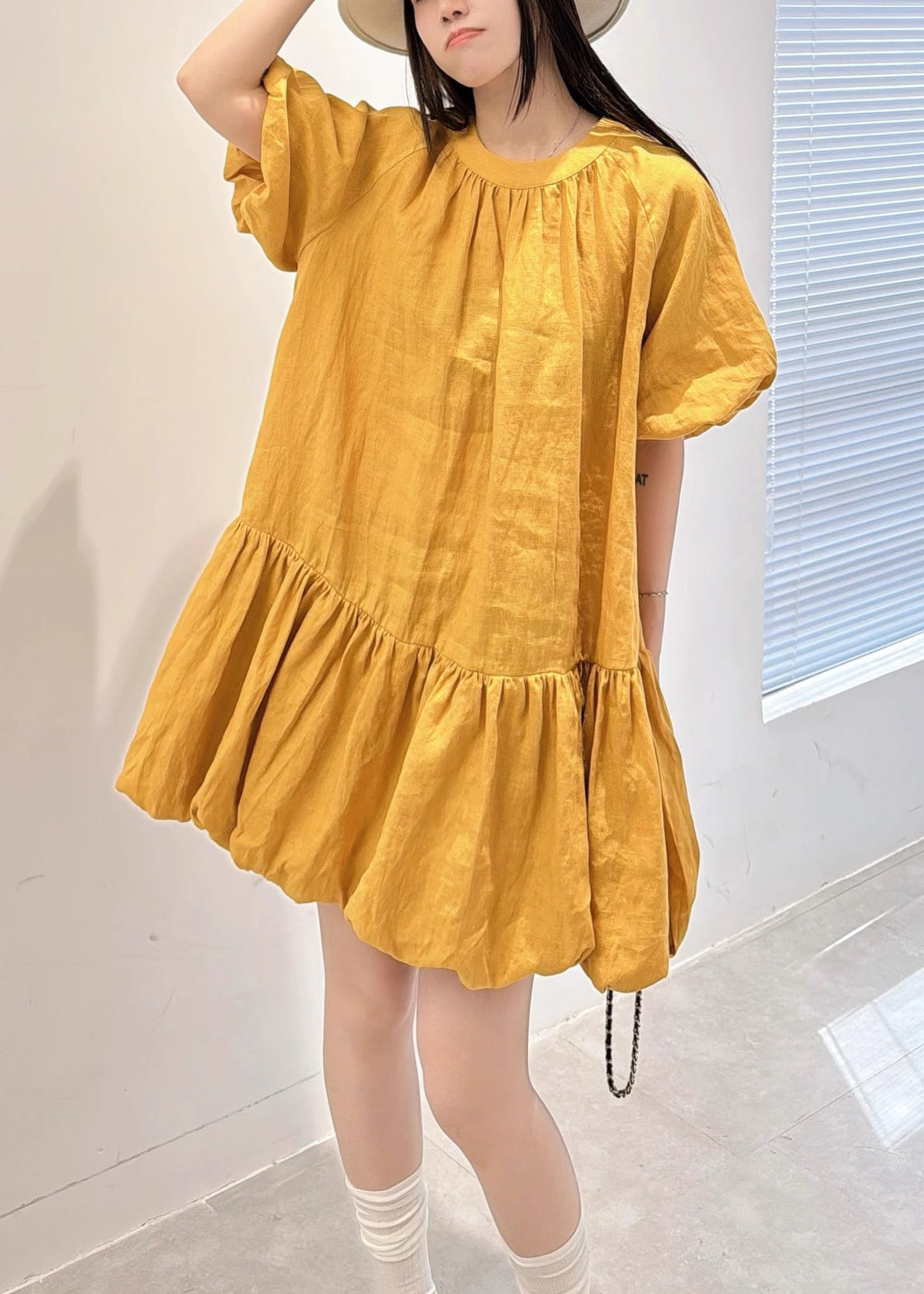Loose Yellow O Neck Wrinkled Linen Mid Dress Summer