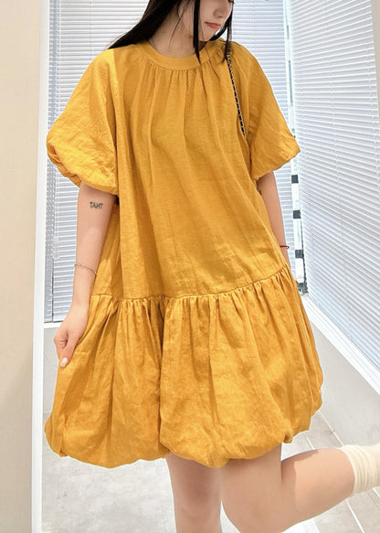 Loose Yellow O Neck Wrinkled Linen Mid Dress Summer