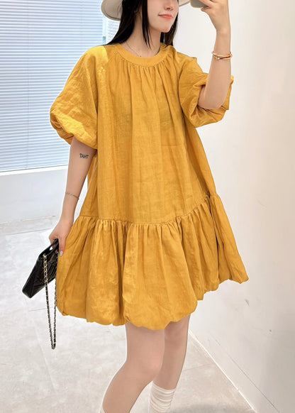 Loose Yellow O Neck Wrinkled Linen Mid Dress Summer