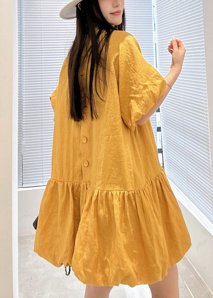 Loose Yellow O Neck Wrinkled Linen Mid Dress Summer