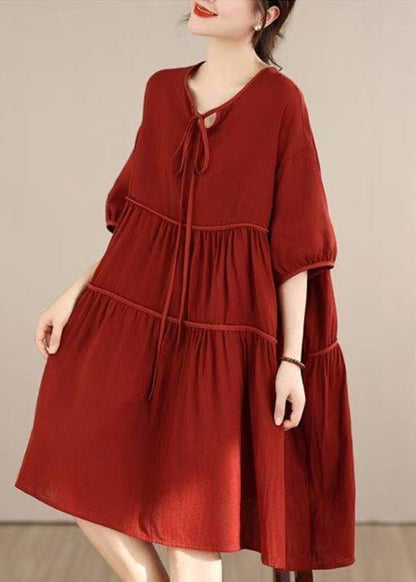 Loose Yellow O Neck Wrinkled Patchwork Cotton Mid Dress Summer
