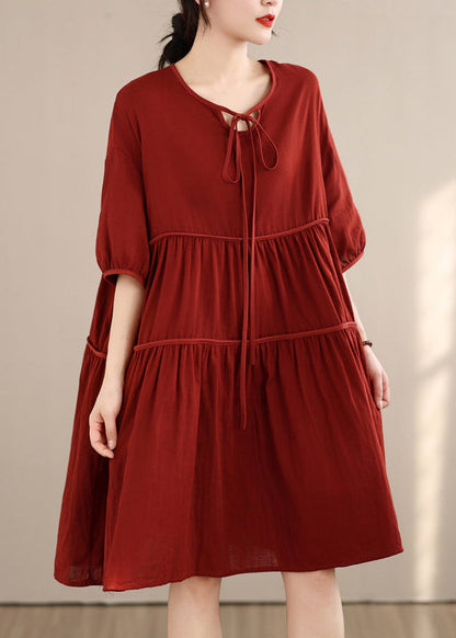 Loose Yellow O Neck Wrinkled Patchwork Cotton Mid Dress Summer