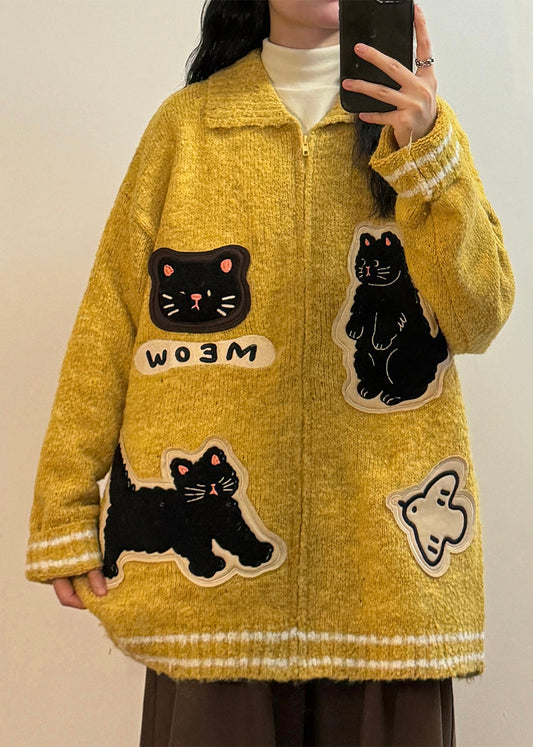 Loose Yellow Peter Pan Collar Zippered Applique Knit Coats Spring