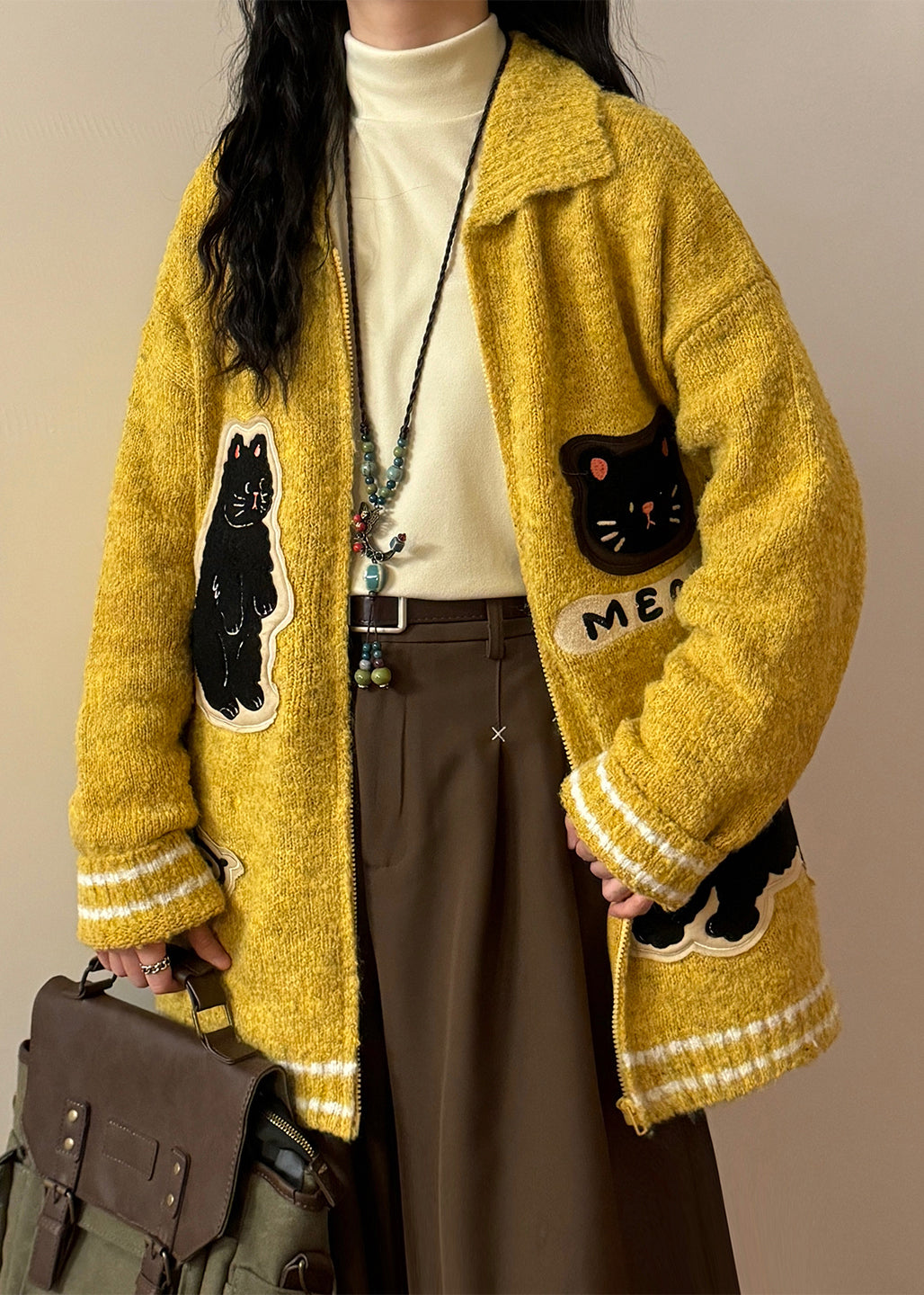 Loose Yellow Peter Pan Collar Zippered Applique Knit Coats Spring