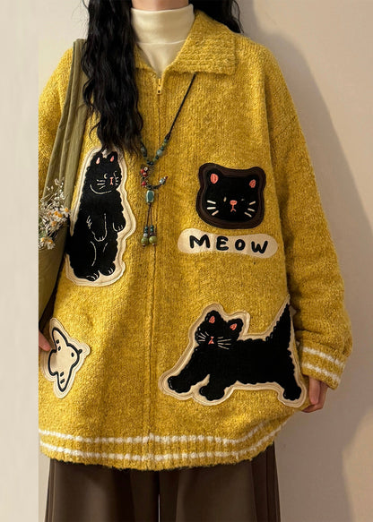 Loose Yellow Peter Pan Collar Zippered Applique Knit Coats Spring